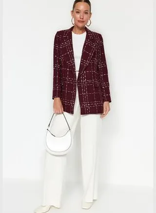 Burgundy Oversize Woven Plaid Blazer Jacket TWOAW21CE0105