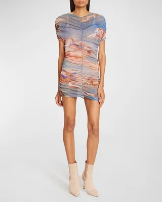 Sky-Print Ruched Tulle Mini Dress