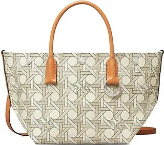 Tory Burch Canvas Basket Weave Small Tote (New Ivory Basket Weave) Handbags