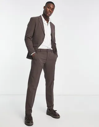 Selected Homme slim fit suit pants in brown mini plaid