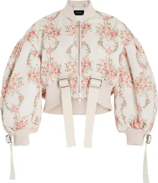 Women's Puff-Sleeve Floral Taffeta Cropped Bomber Jacket