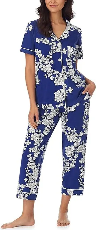 Bedhead PJs Short Sleeve Cropped PJ Set (Cotton Spandex) (Navy Shadow Blossom) Women's Pajama Sets