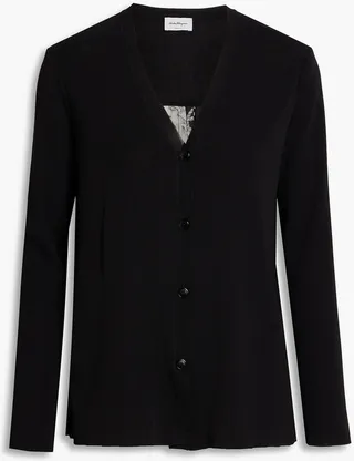 Pleated printed silk-paneled stretch-knit cardigan