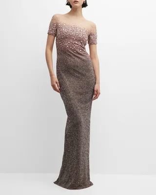 Ombre Signature Sequin Gown with Oversized Crystal Details