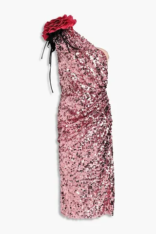 One-shoulder embellished stretch-tulle midi dress