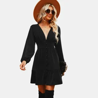Women's Plunge Neck Button Loop Mini Dress - Cupshe-L-Black