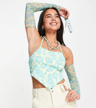 COLLUSION hibiscus print scarf hem halter top with mesh sleeves in multi
