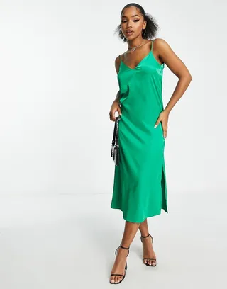 Monki satin slip midi dress with slit in green