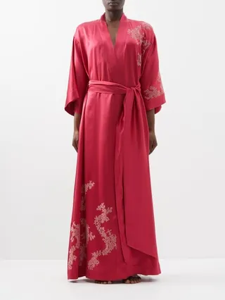 Lace-embroidered Silk-satin Robe