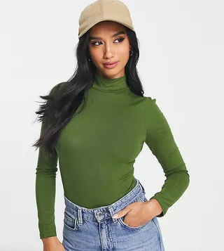 ASOS DESIGN Petite long sleeve bodysuit with turtle neck in dark khaki