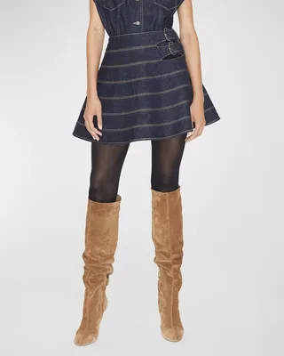 Buckle Paneled Denim Mini Skater Skirt