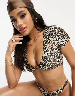 South Beach mix & match rib cap sleeve bikini top in leopard print