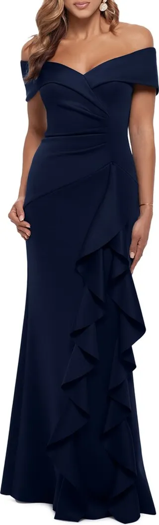 Ava Off the Shoulder Side Ruffle Evening Gown