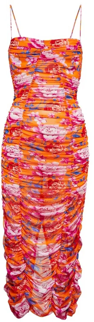 Ruched floral mesh midi dress