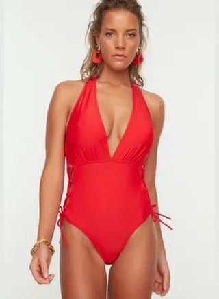 Red Deep-Collecting Tie Normal Leg Swimsuit TBESS21MA0339