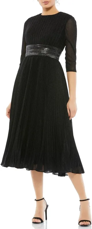 Metallic Pleated A-Line Midi Cocktail Dress