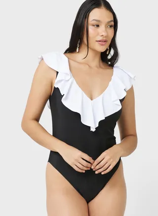 Ruffle Detail Colorblock Swimsuit