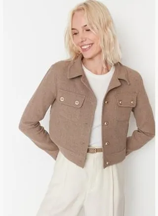 Brown Crop Fitted Woven Jacket TWOAW23CE00252