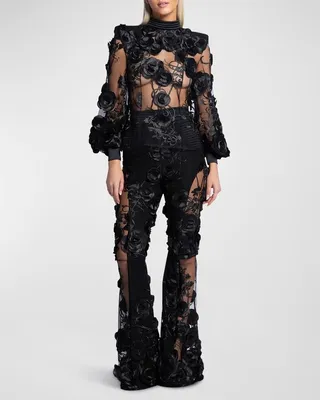 The Verdict Floral Mesh Flared-Leg Pants