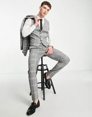 Topman skinny suit pants in gray check