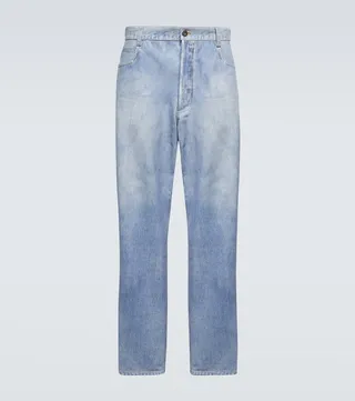 Denim-print wide-leg leather pants