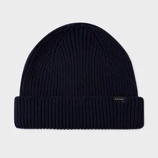 Navy Cashmere-Blend Ribbed Beanie Hat