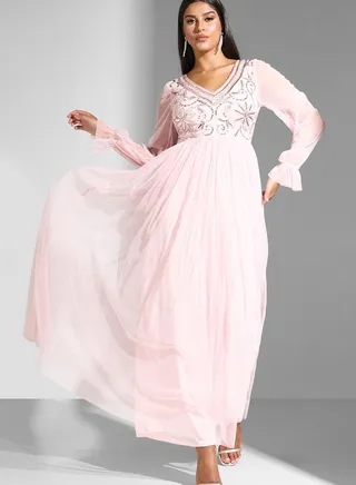 Embellished Bodice V Neck Dress