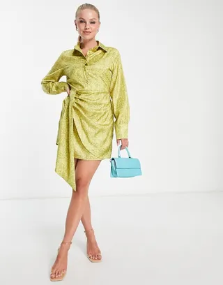 In The Style x Perrie Sian mini shirt dress with wrap detail in chartreuse animal print