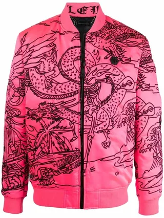 Tattoo-Motif Embroidered Bomber Jacket