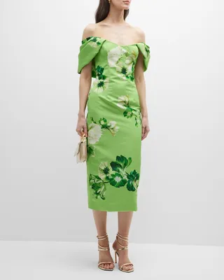 Faille Off-Shoulder Floral Detail Dress