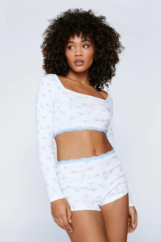 Nasty Gal Womens Floral Print Pointelle Lace Trim Crop & Short Pajama Set