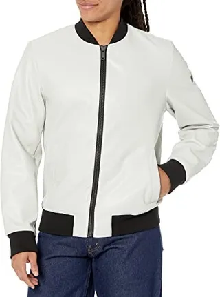DKNY Men's Faux Leather Varsity Bomber Jacket