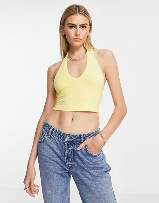 ASOS DESIGN halter neck crop top in yellow