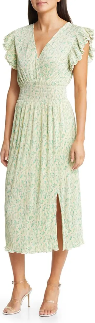 Flutter Sleeve Plissé Midi Dress