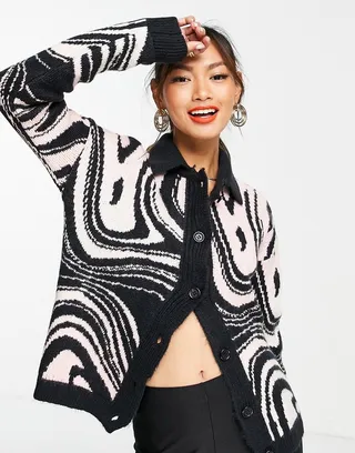 Trendyol swirl print cardigan with collar in navy