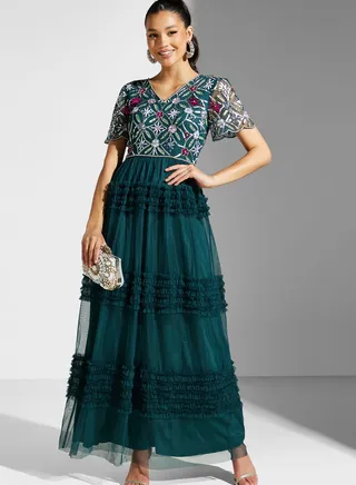 V-Neck Floral Mesh Detail Dress