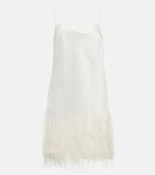 Feather-trimmed satin mini dress
