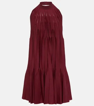 Pleated silk-blend halterneck minidress