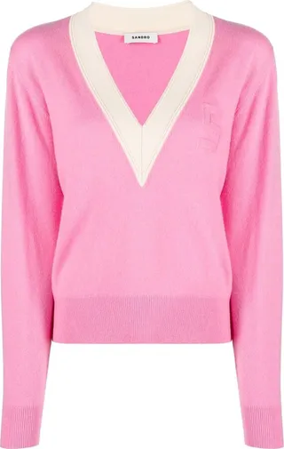 contrast-trim V-neck jumper