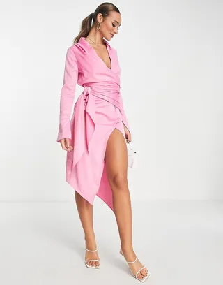 ASOS DESIGN satin drape shirt midi dress in pink