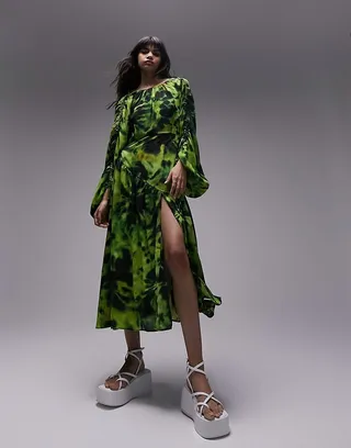 Topshop ruched acid print midi dress in lime