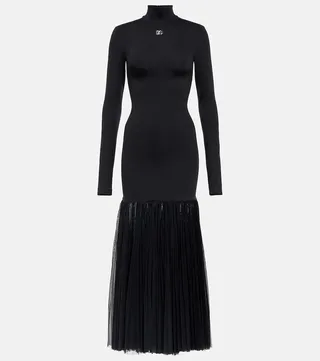 Tulle-trimmed turtleneck midi dress