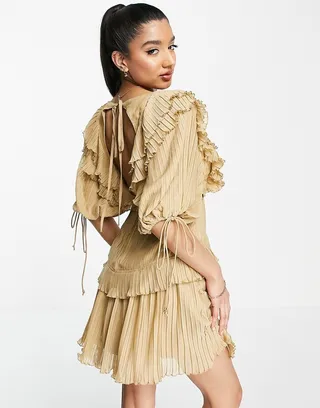 ASOS DESIGN pleat mini dress with ruffle and tie detail in stone