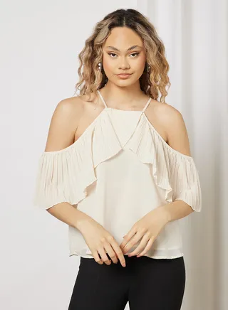 Pleated Halter Neck Top White