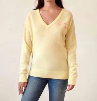 Cashmere Embroidered Sunburst V-Neck Sweater in Gray Heather