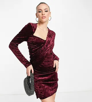 ASOS DESIGN Tall velvet cowl neck ruched mini dress in wine