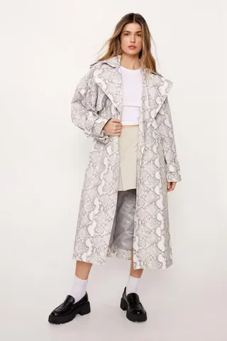 Nasty Gal Womens Petite Premium Snake Print Trench Coat