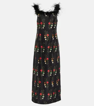 Winslett floral feather-trimmed midi dress