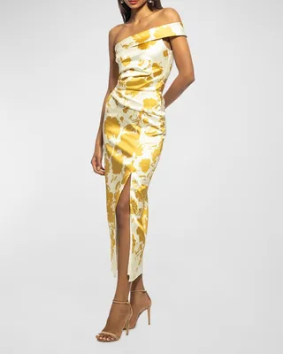 Off-Shoulder Floral-Print Mikado Midi Dress