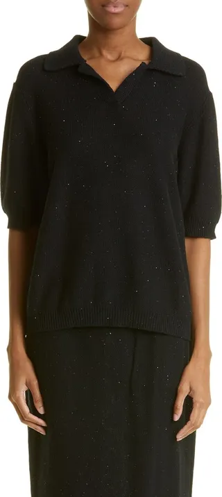 Sequin Cotton & Linen Blend Sweater Polo